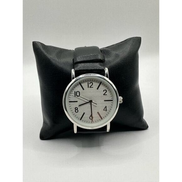Black Faux Leather Mens Wrist Watch Stainless Steel Back - Picture 1 of 6